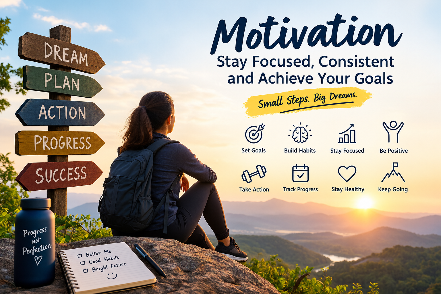 Motivation concept showing a woman watching the sunrise over mountains with signs for dream, plan, action, progress, and success, representing goal setting, focus, and personal growth.